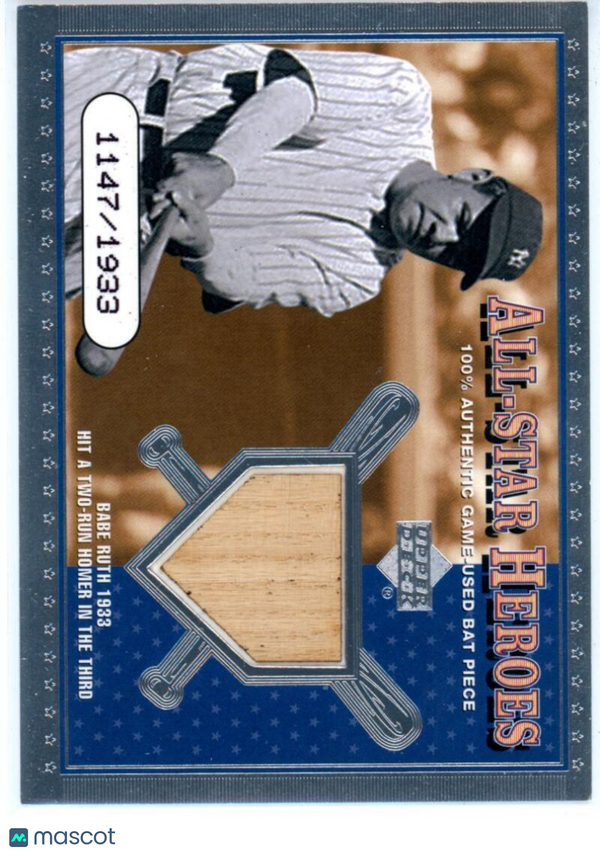 2001 Upper Deck All-Star Heroes Memorabilia #ASHBR Babe Ruth Yankees Bat NM-MT (