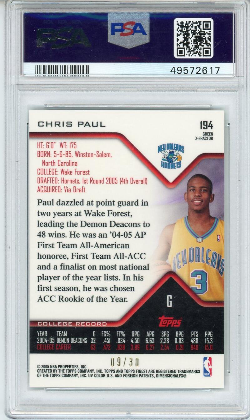 2004 Topps Finest X-Fractors Green #194 Chris Paul New Orleans Hornets Serial #d 09/30 PSA 10 GEM MINT Basketball Card