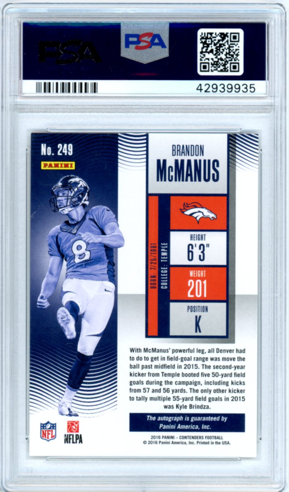 2016 Panini Contenders Brandon Mcmanus Autograph Champ. Ticket #249 PSA 10