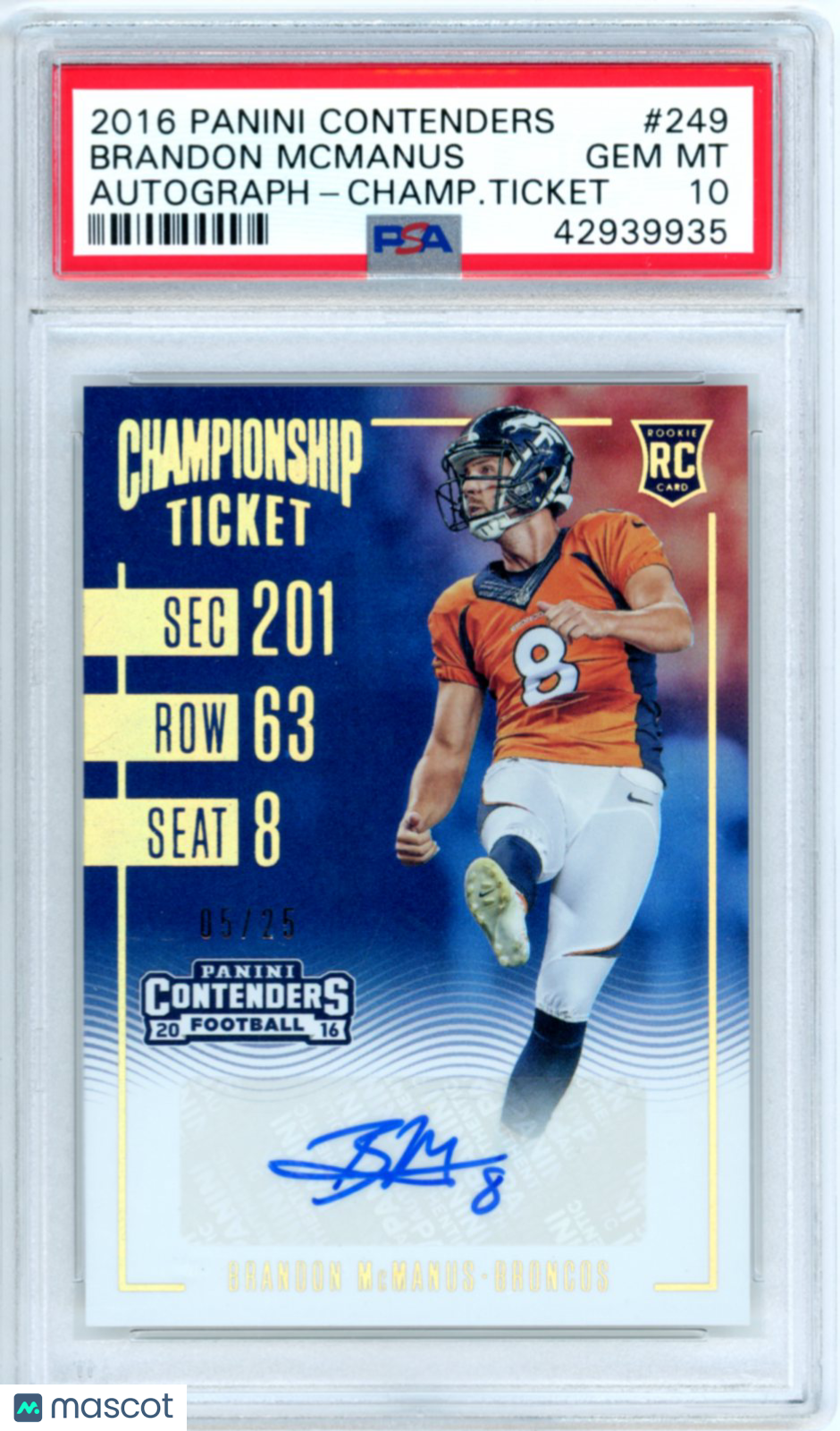 2016 Panini Contenders Brandon Mcmanus Autograph Champ. Ticket #249 PSA 10