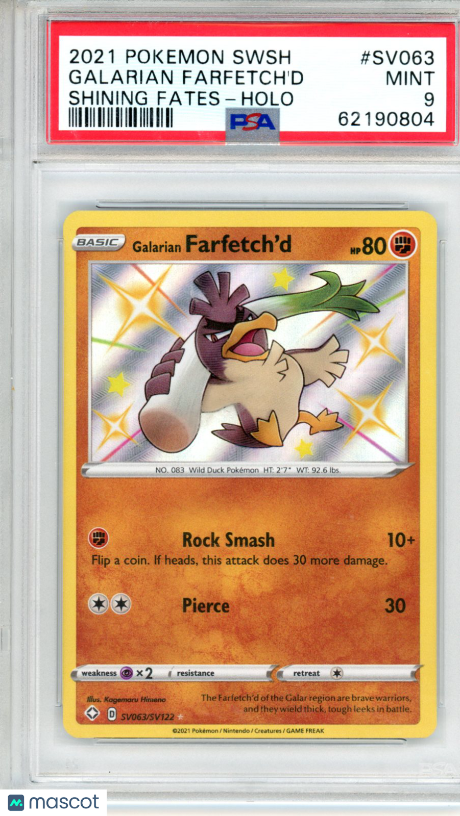 2021 Pokemon Sword & Shield Shining Fates Galarian Farfetch'd #SV063 Holo PSA 9