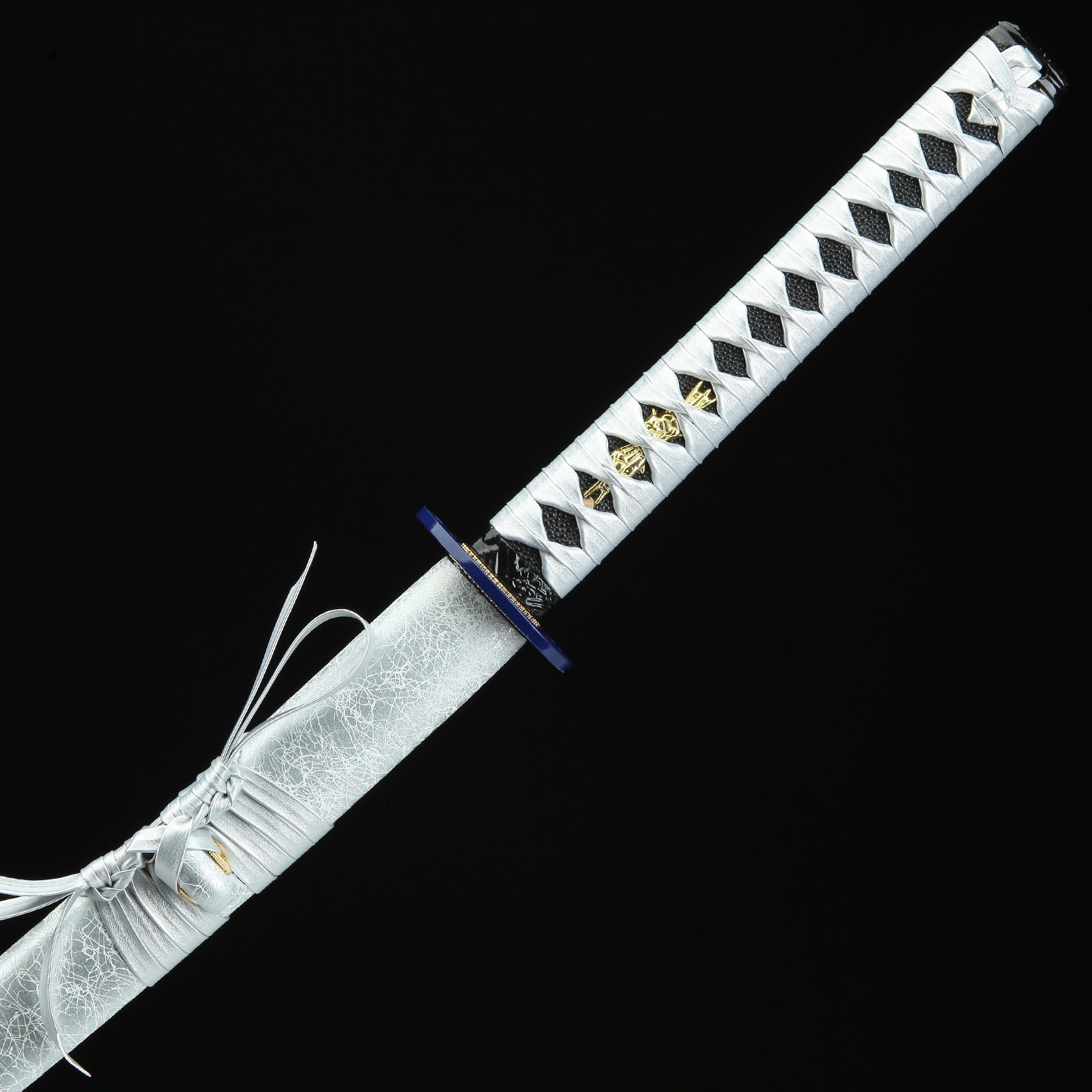 Handmade Japanese Katana Sword With Blue Blade And Silver Scabbard