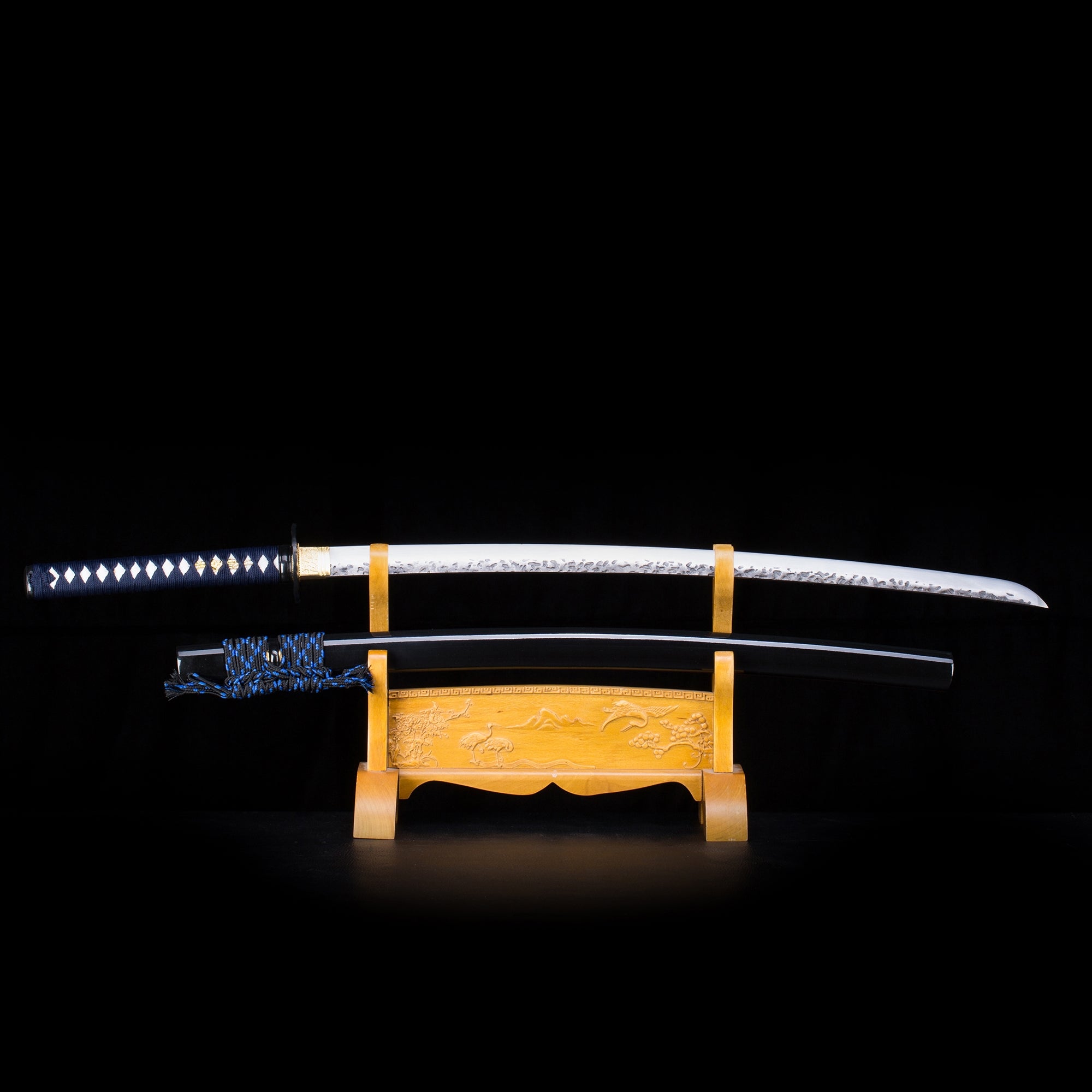 Handmade Real Japanese Katana Sword With Black Scabbard Blue Handle