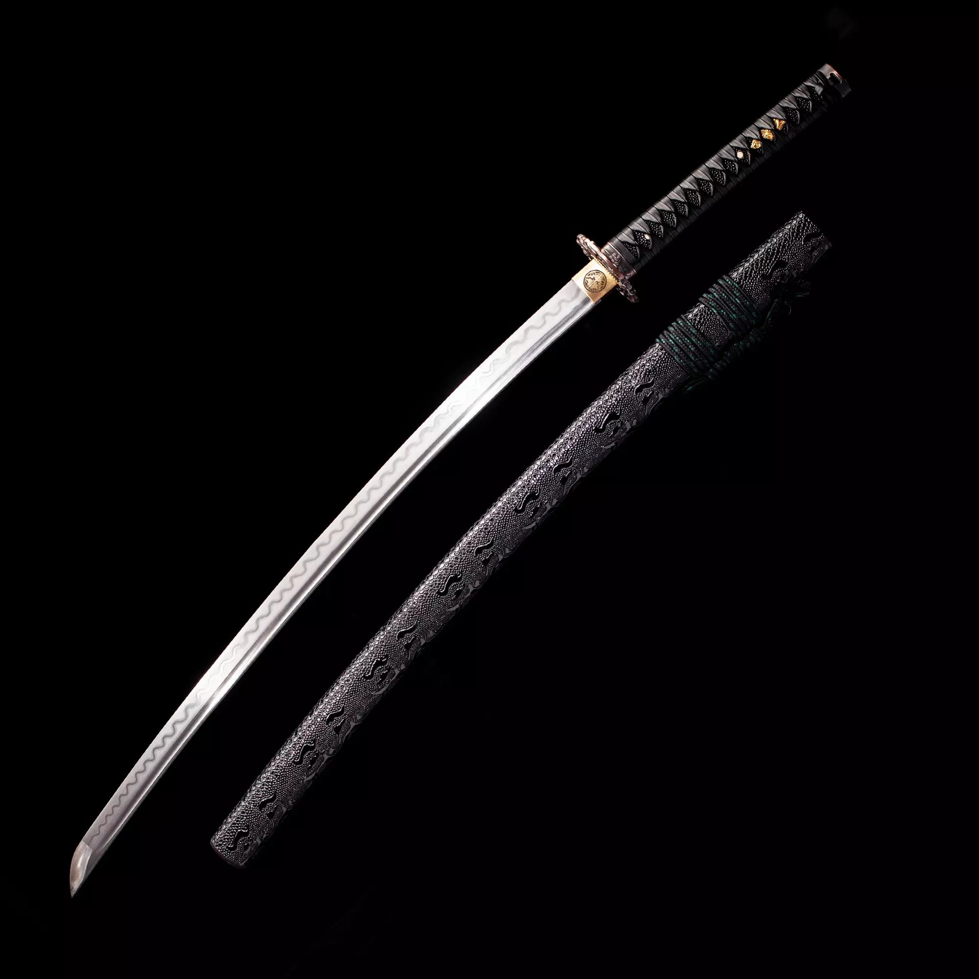 Handmade Japanese Katana Sword Damascus Steel With Black Leather Scabbard