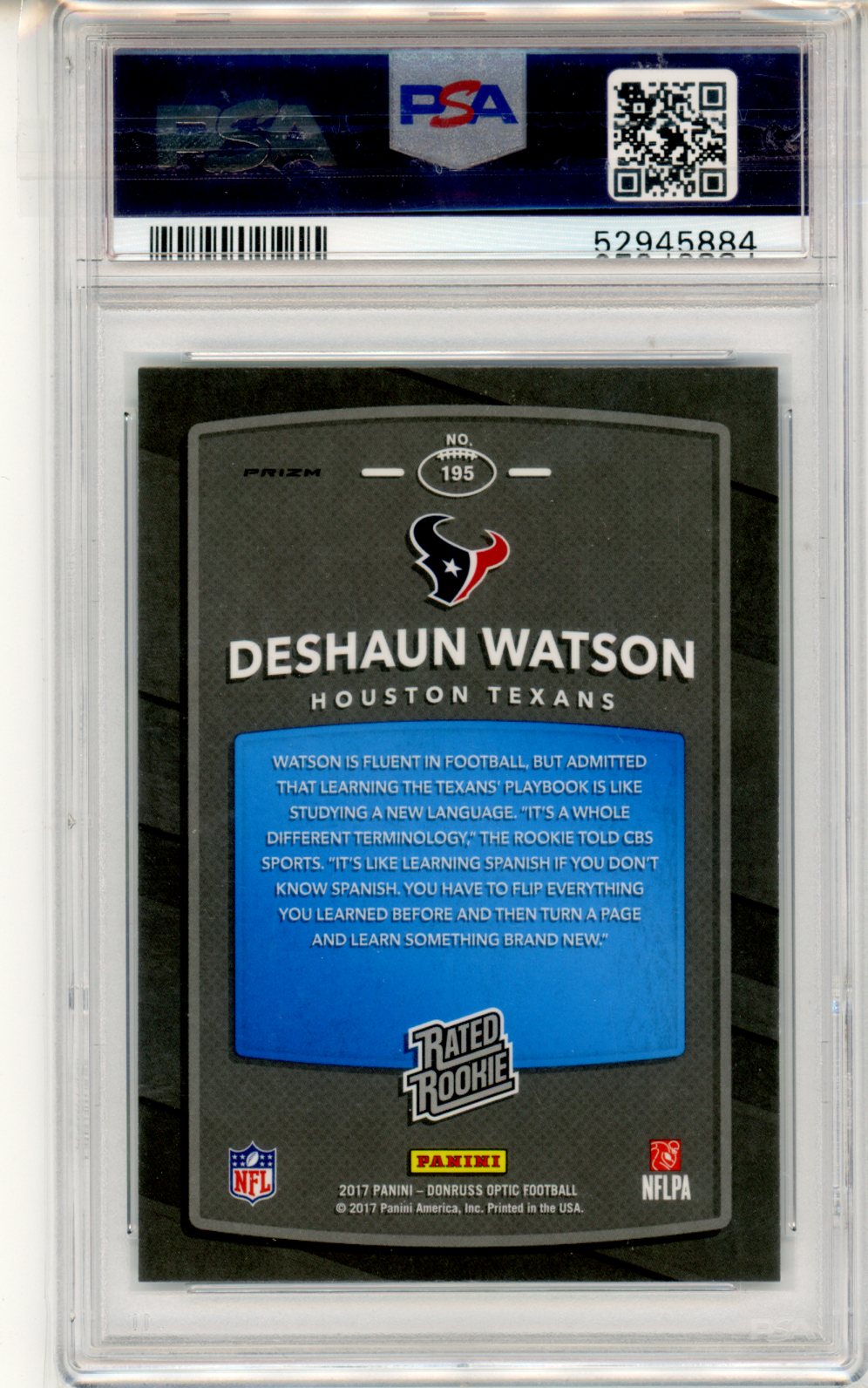 2017 Panini Donruss Optic Deshaun Watson Lime #195 PSA 9