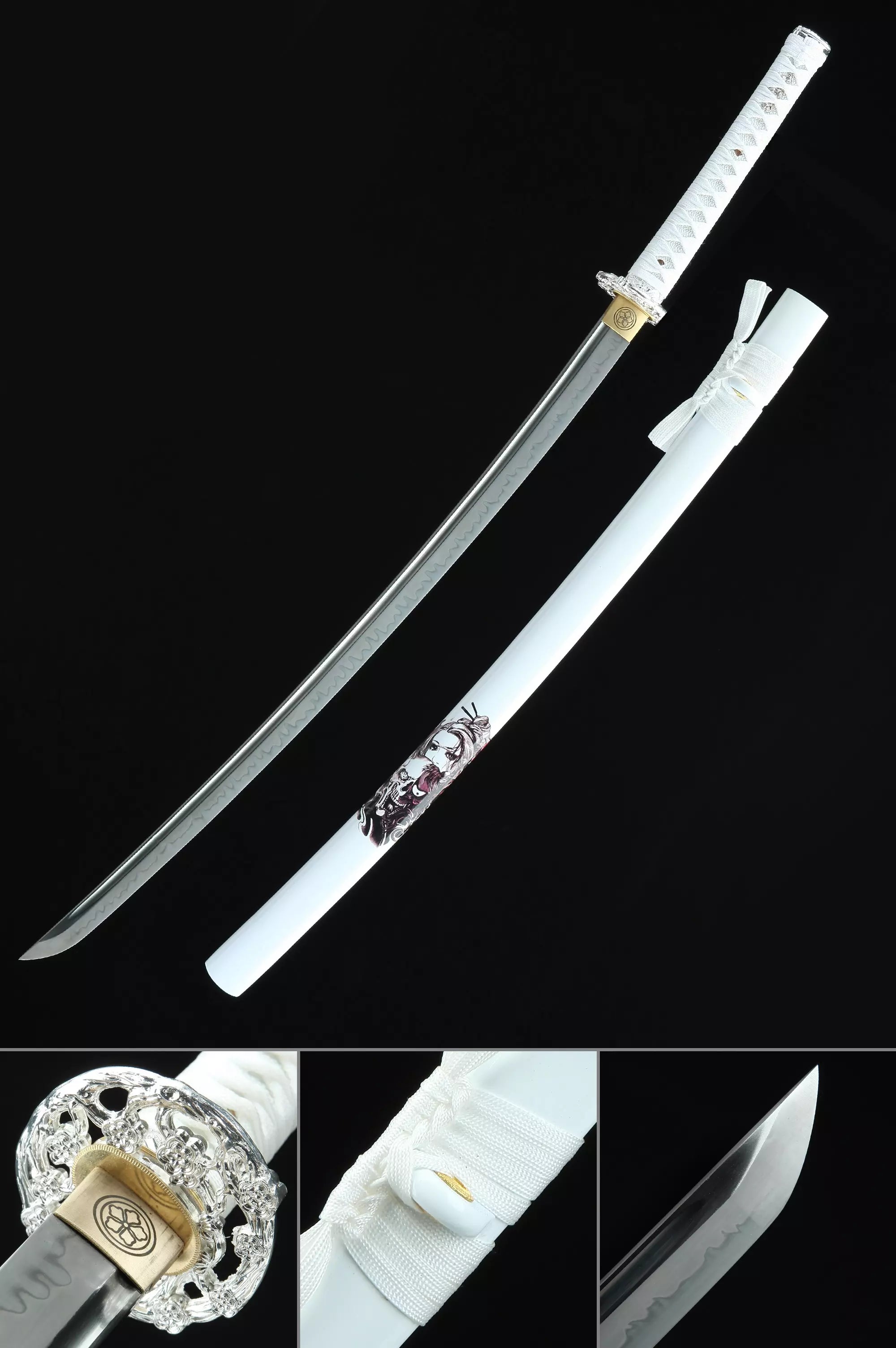 Handmade Japanese Katana Sword T10 Folded Clay Tempered Steel With White Scabbard
