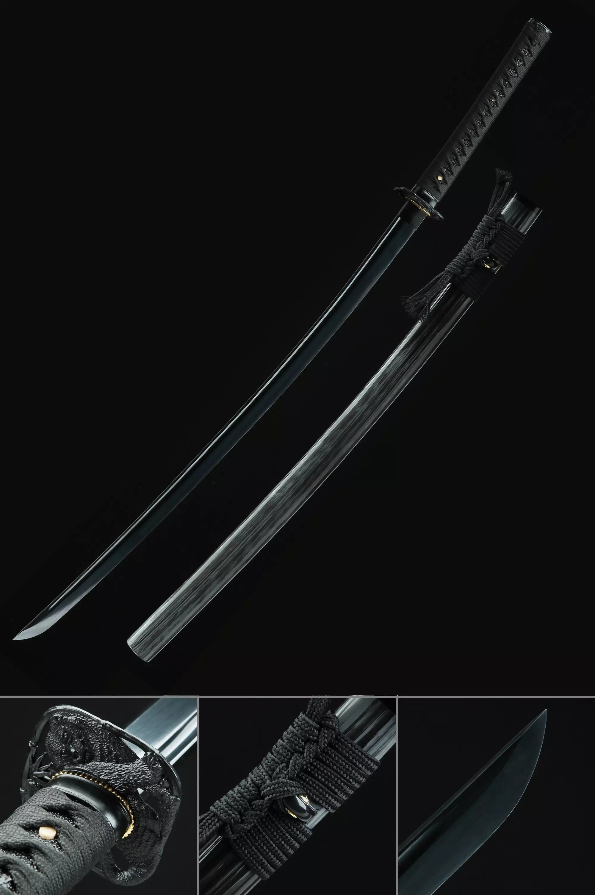 knt　KANADEMONO 飛騨唐松x Black Steel - Handmade Japanese Katana Sword High Manganese Steel With Black Blade A