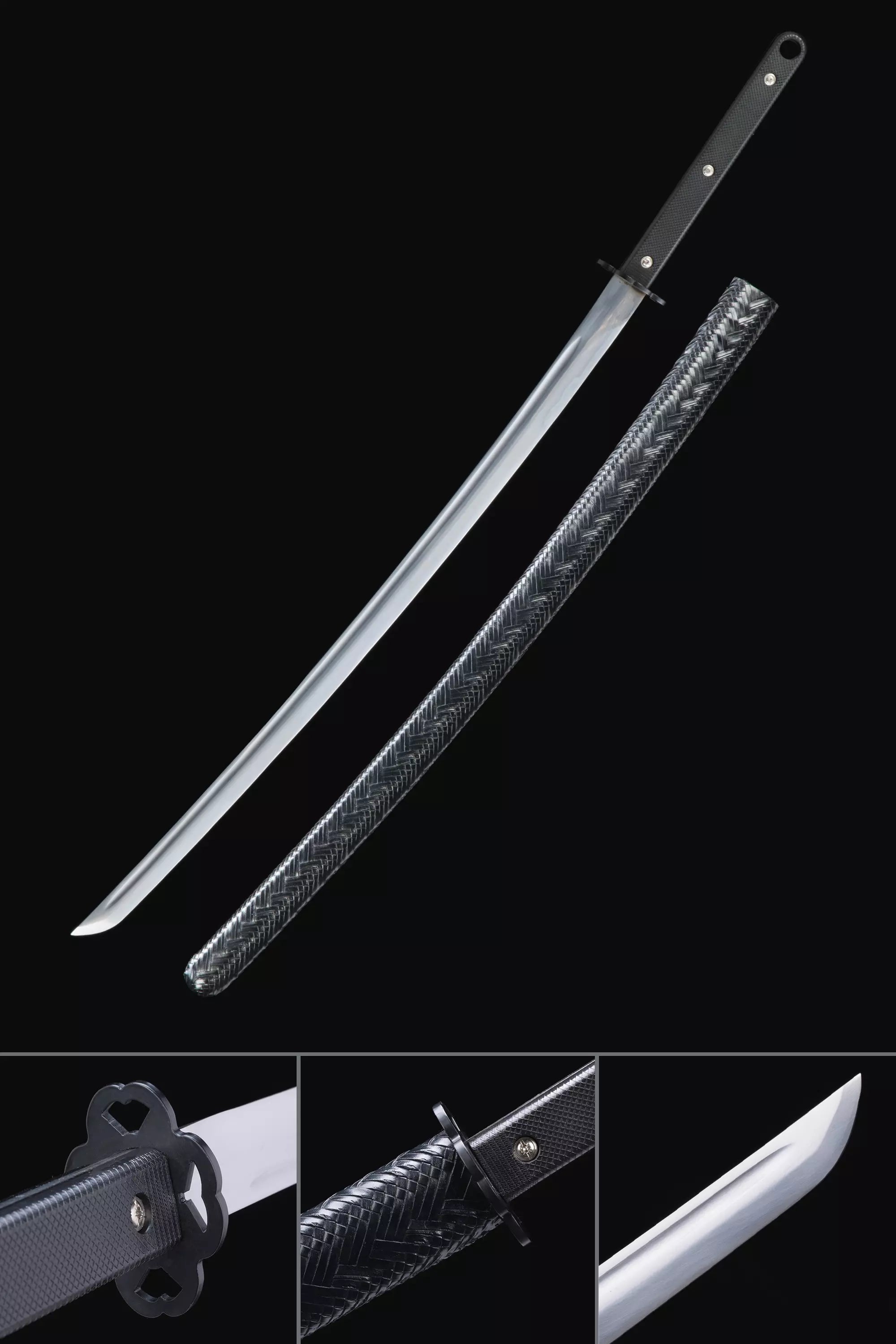 Handmade Tactical Katana Sword Spring Steel With Black Leather Scabbard