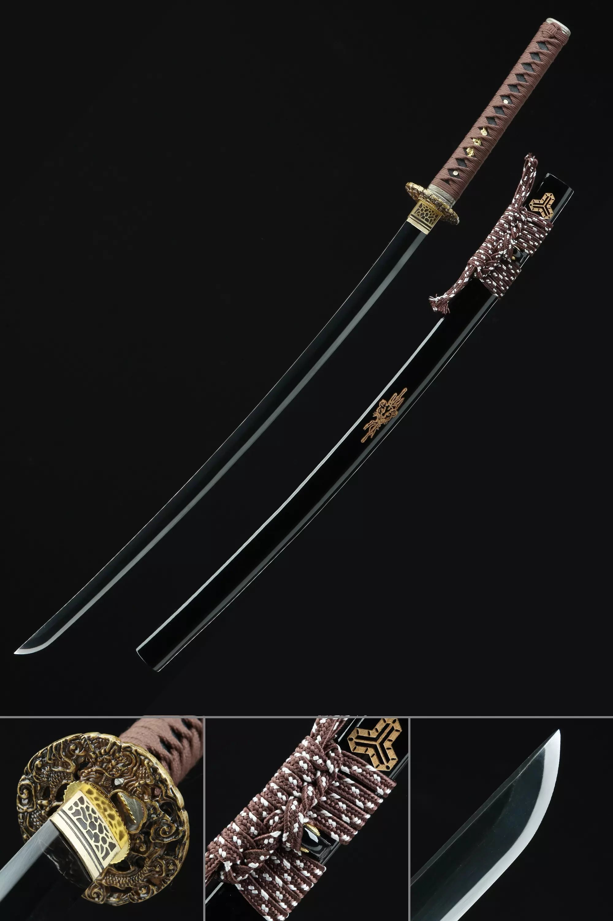 Handmade Japanese Katana Sword Full Tang With Black Blade