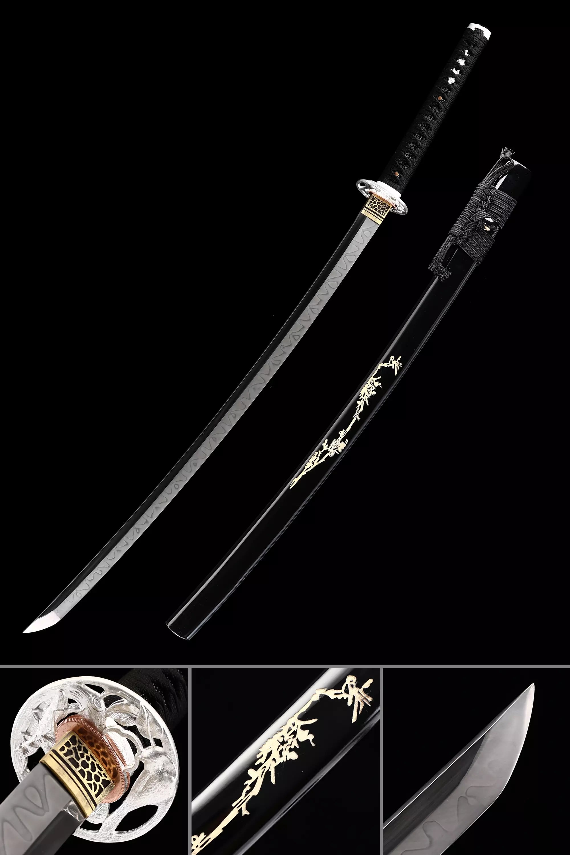 Handmade Japanese Katana Sword T10 Folded Clay Tempered Steel With Black Scabbard
