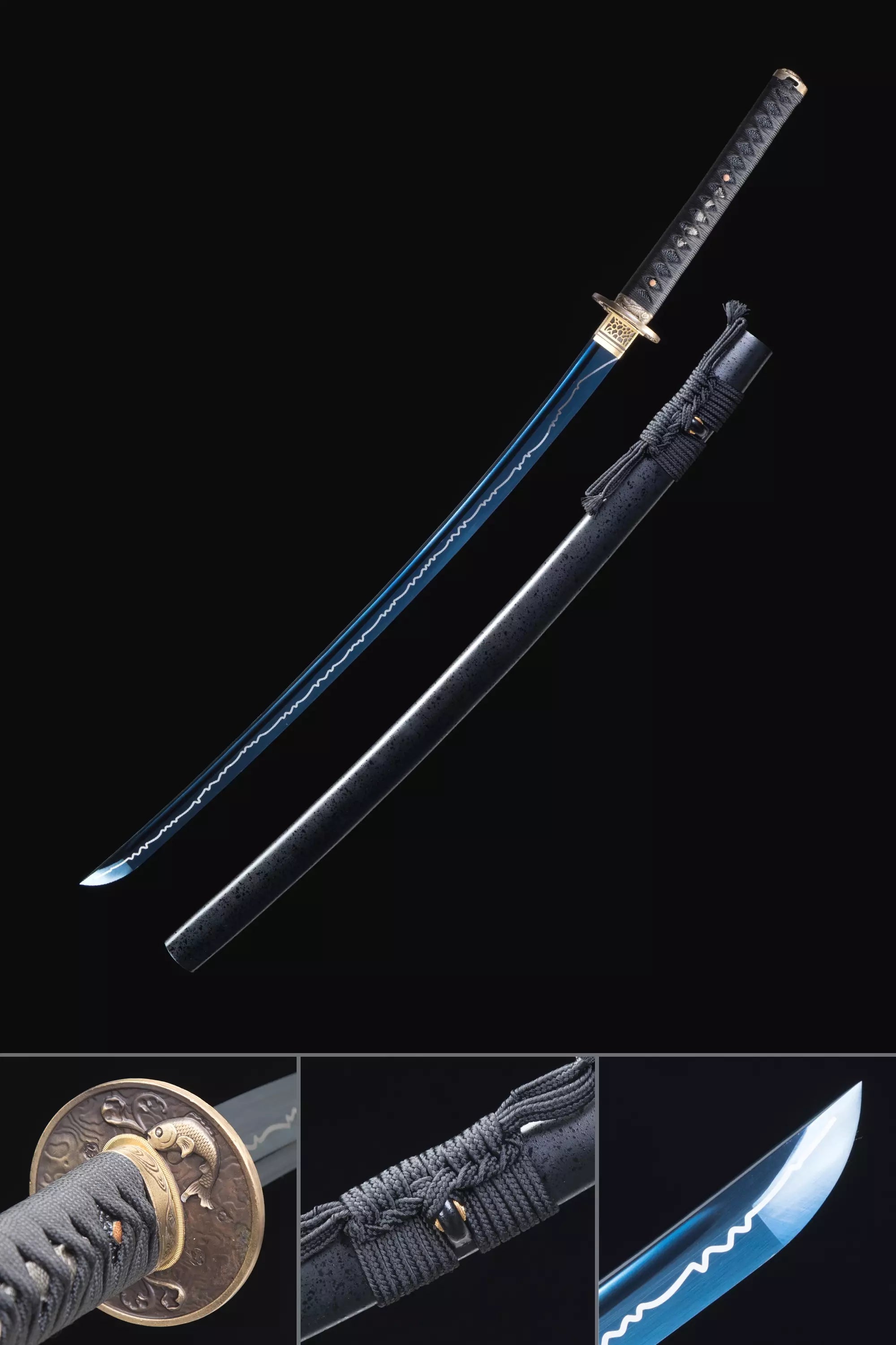 Handmade Japanese Katana Sword With Blue Blade And Black Scabbard