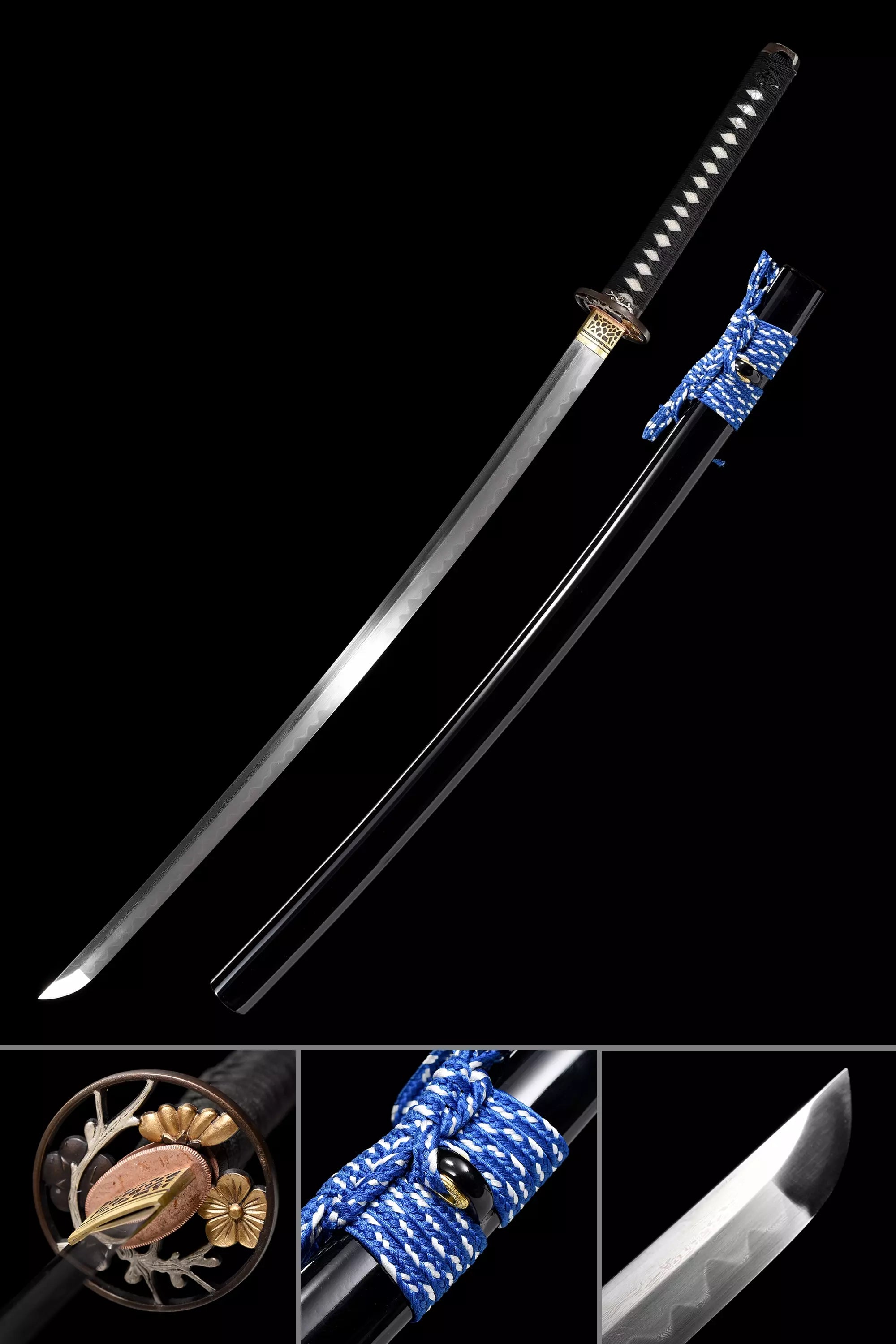 Handmade Japanese Katana Sword Damascus Steel With Flower Tsuba