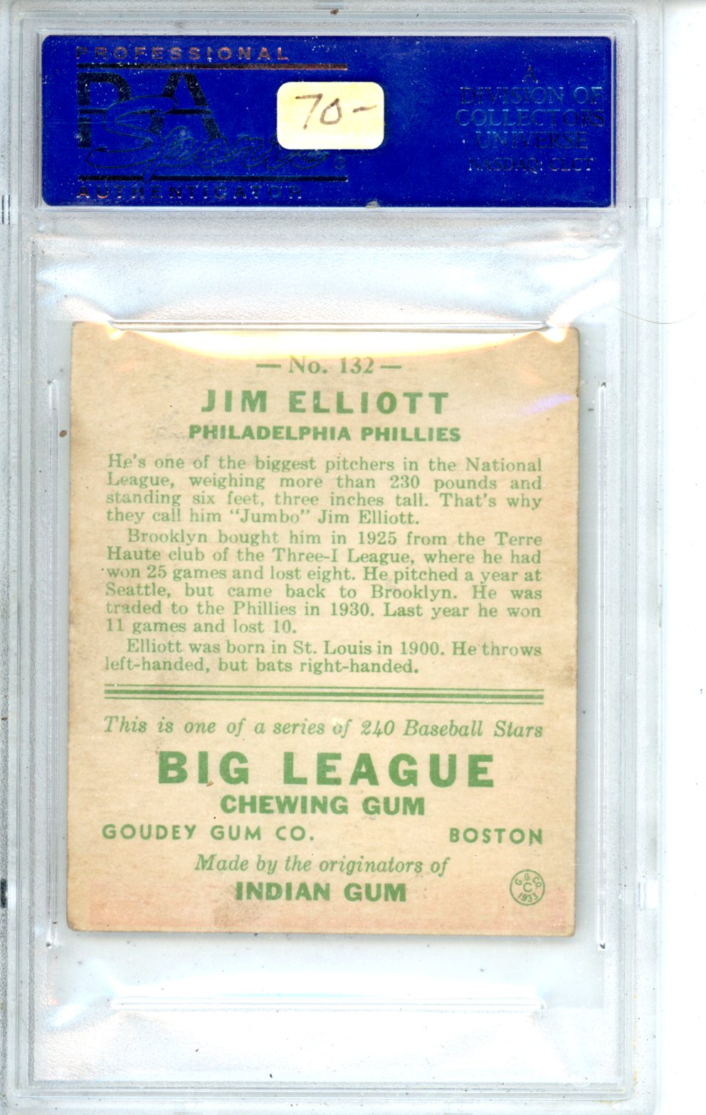1933 Goudey Jim Elliott #132 PSA 5 Philadelphia Phillies Graded Sports Cards