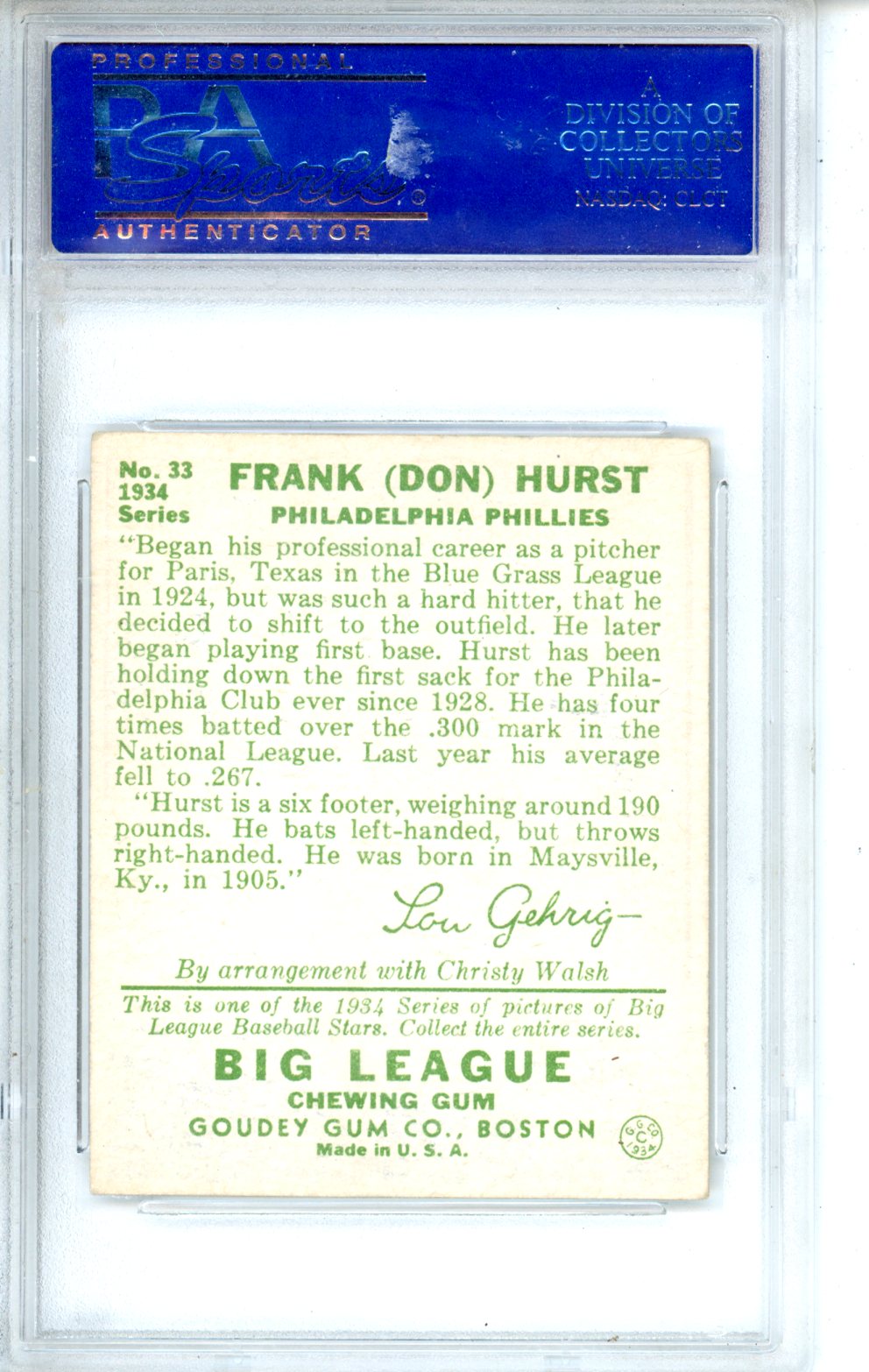 1934 Goudey Don Hurst #33 PSA 4 Philadelphia Phillies Graded Sports Cards