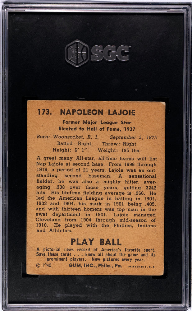 ’ 1940 Playball Napoleon ’Nap’ Larry Lajoie #173 SGC 3.5 Cleveland Indians - Graded Sports Cards
