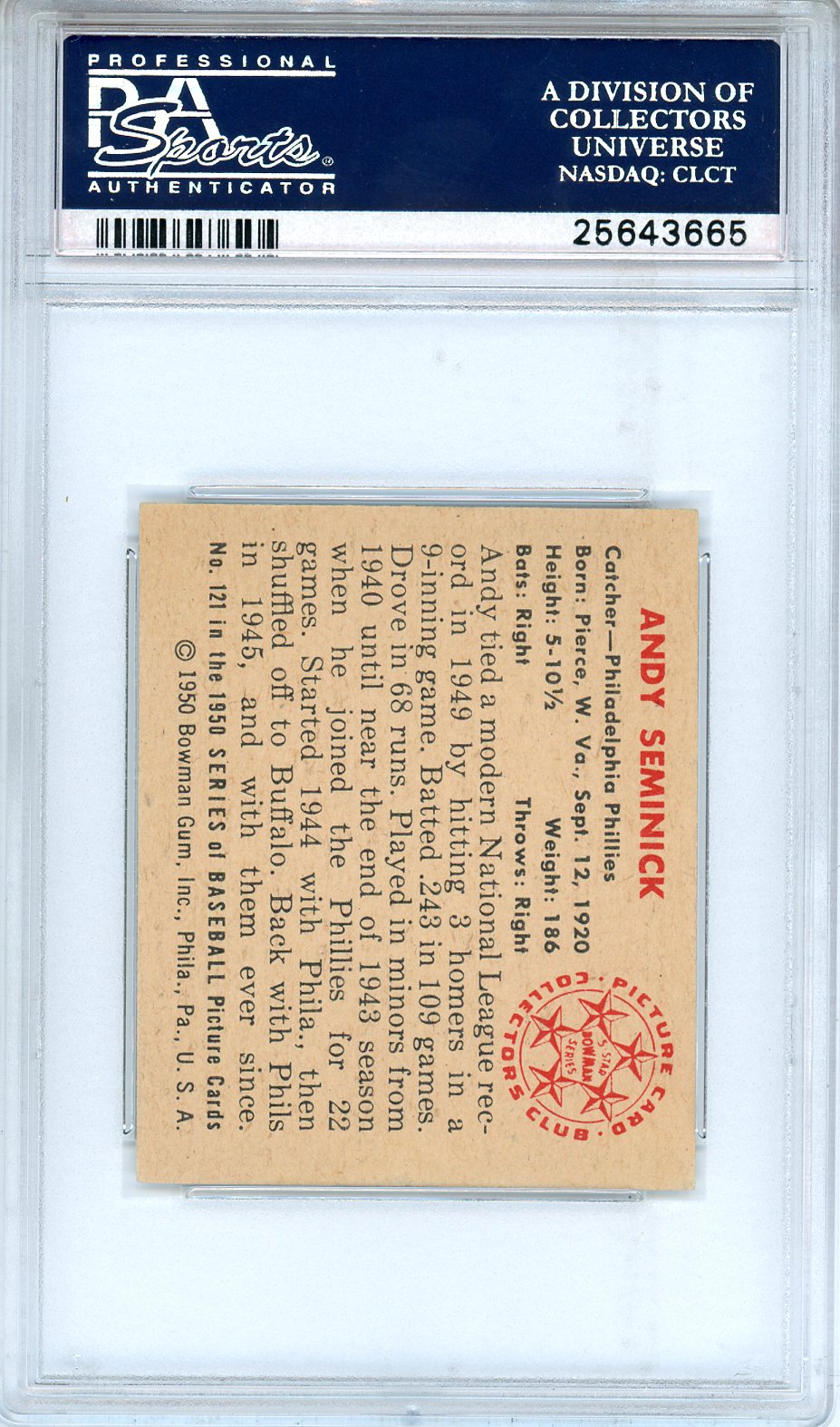 1950 Bowman Andy Seminick #121 PSA 7 Philadelphia Phillies - Graded Sports Cards