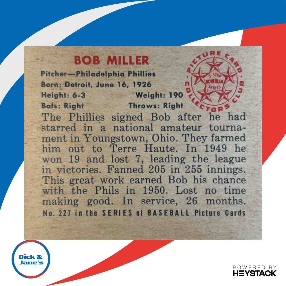 1950 Bowman Bob Miller #227 RC Philadelphia Phillies EX-MT - Sports Cards