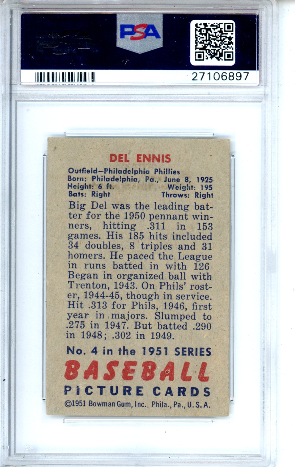 1951 Bowman Del Ennis #4 PSA 4 Philadelphia Phillies - Graded Sports Cards