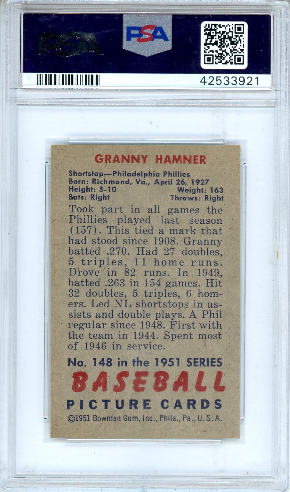 1951 Bowman Granny Hamner #148 PSA 8 Philadelphia Phillies - Graded Sports Cards