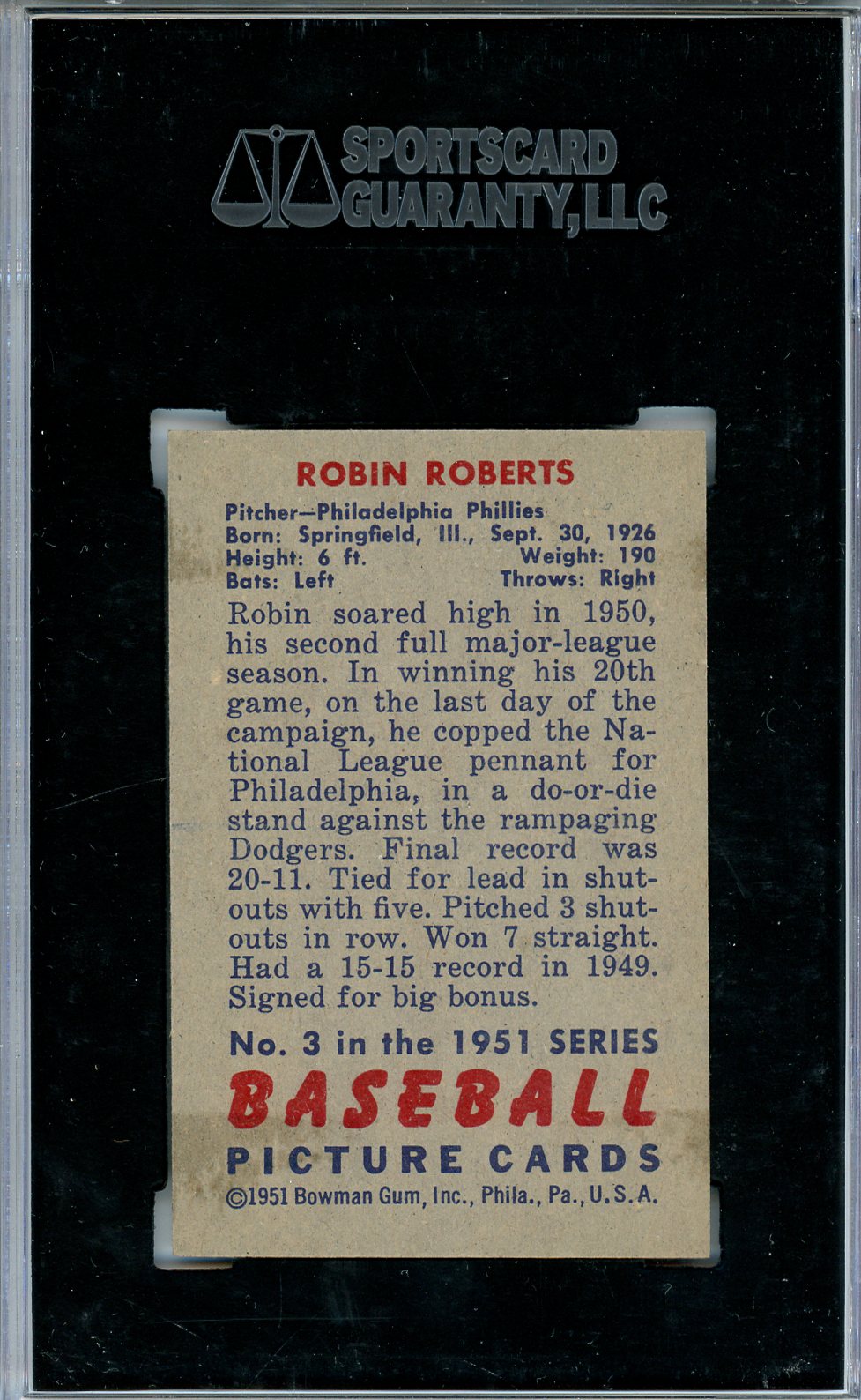 1951 Bowman Robin Roberts #3 SGC 6 Philadelphia Phillies - Graded Sports Cards
