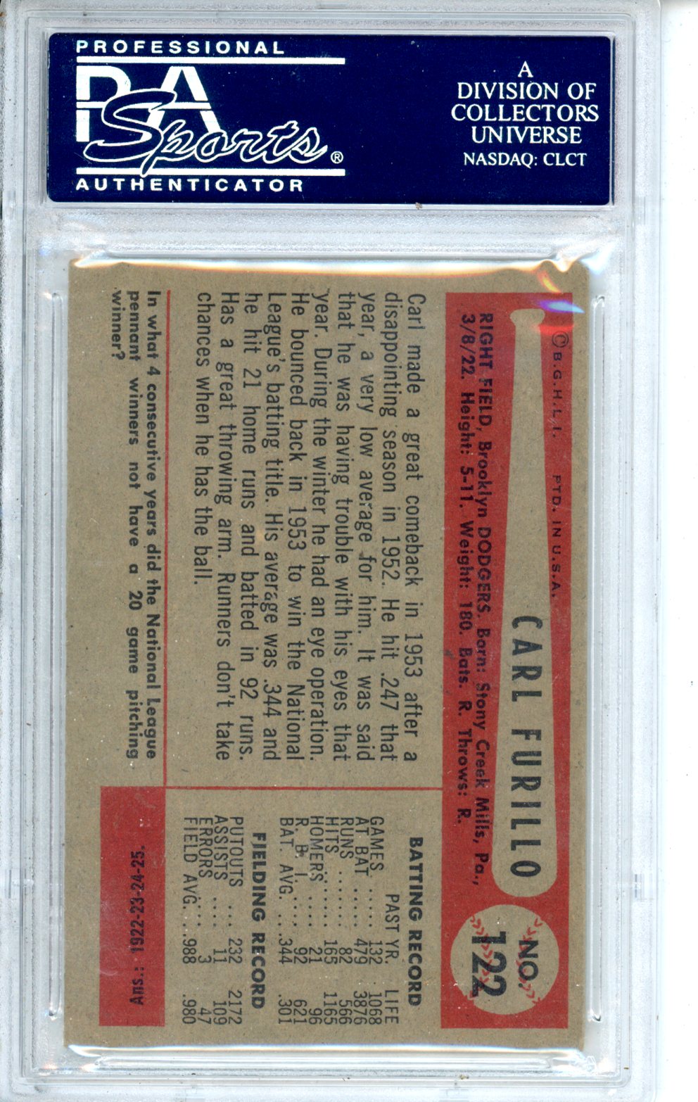 1954 Bowman Carl Furillo #122 PSA 4 Brooklyn Dodgers Graded Sports Cards