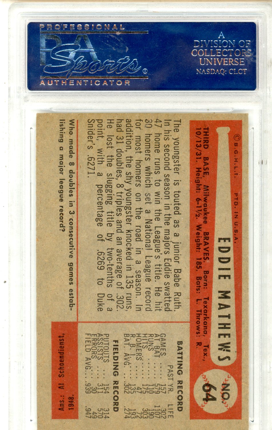 1954 Bowman Ed Mathews #64 PSA 6 - Graded Sports Cards