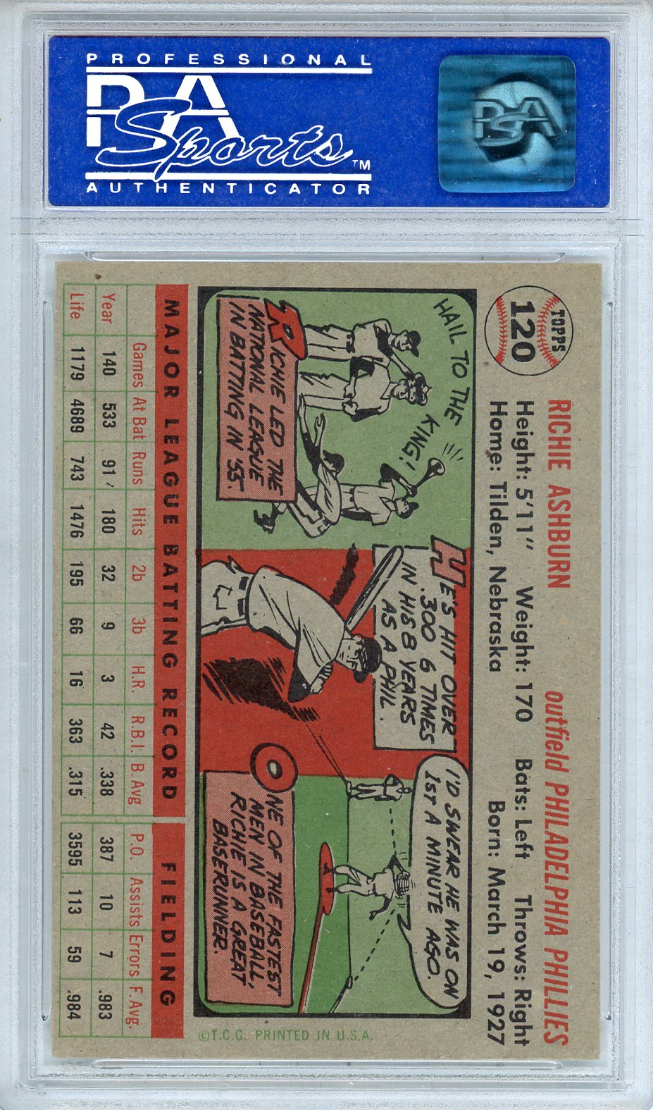 1956 Topps Richie Ashburn Gray Back #120 PSA 7 (OC) Philadelphia Phillies - Graded Sports Cards