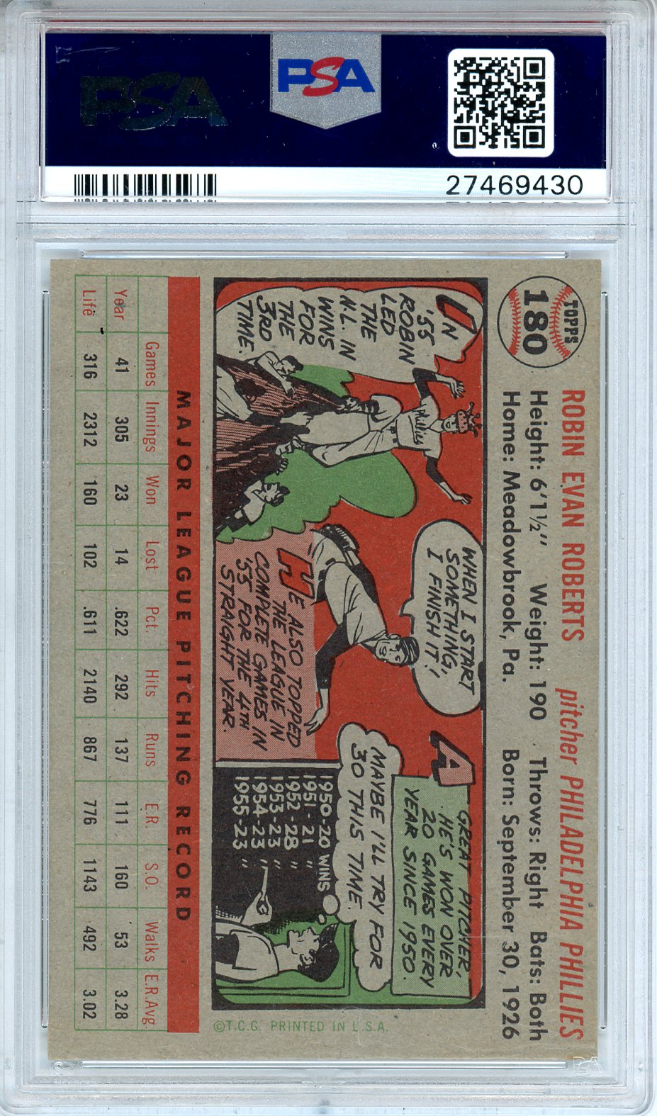 1956 Topps Robin Roberts Gray Back #180 PSA 7 Philadelphia Phillies - Graded Sports Cards