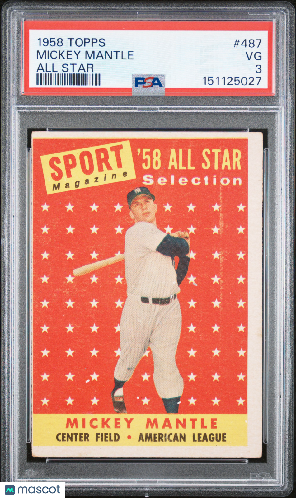 1958 Topps Mickey Mantle All Star HOF #487 PSA 3 New York Yankees - Graded Sports Cards