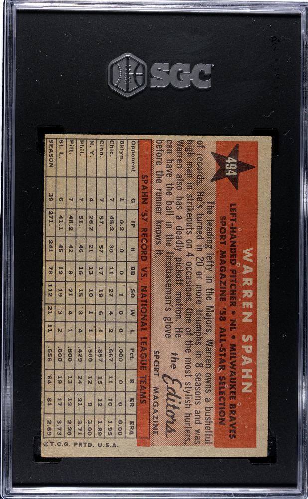 1958 Topps Warren Spahn All Star #494 SGC 4 - Graded Sports Cards