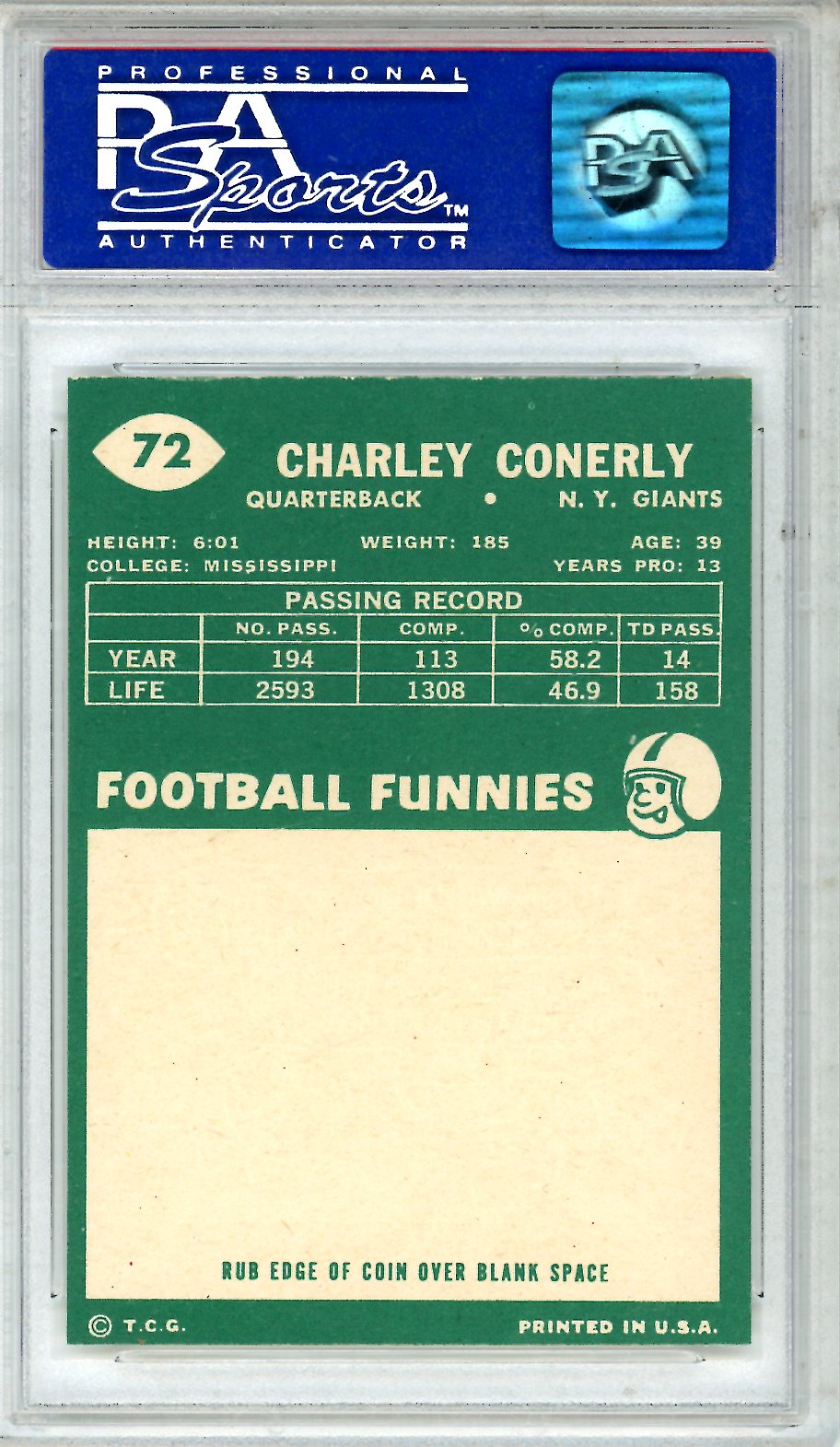 1960 Topps Charley Conerly #72 PSA 9 New York Giants - Graded Sports Cards