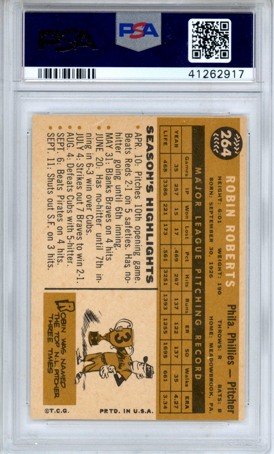 1960 Topps Robin Roberts #264 PSA 7 Philadelphia Phillies - Graded Sports Cards
