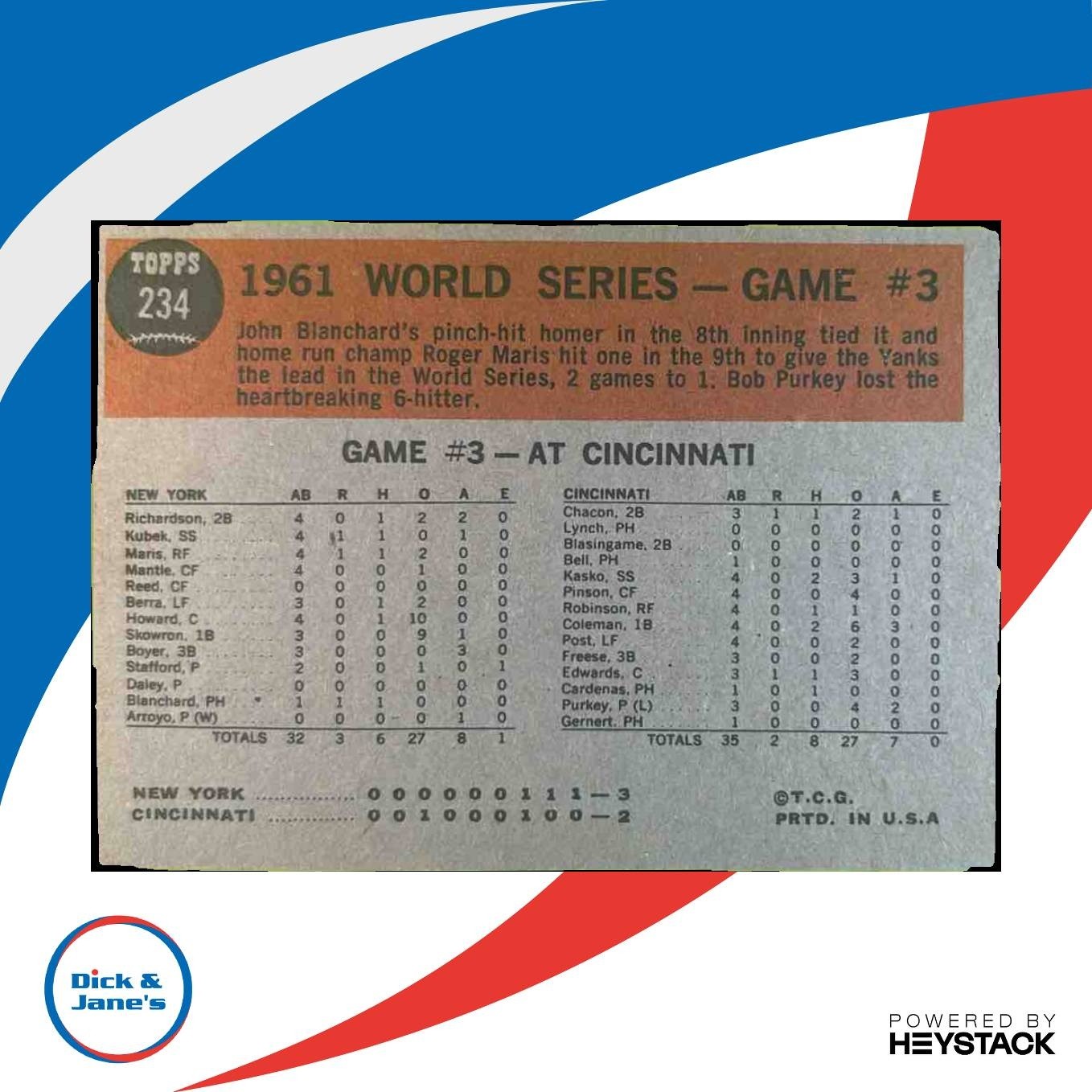 1962 Topps World Series Game #3 - Maris Wins It in the 9th #234 New York Yankees - Sports Cards
