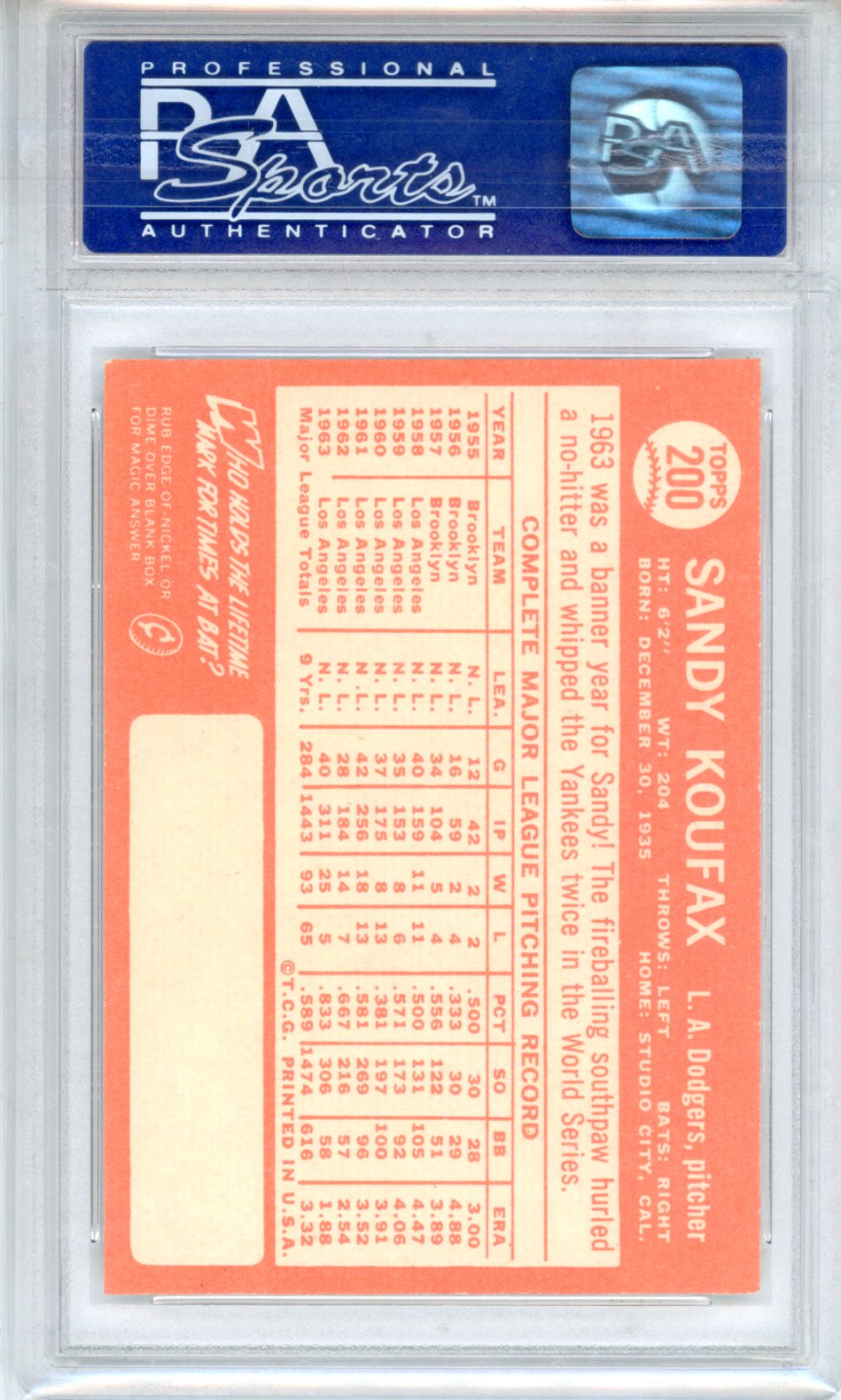 1964 Topps Sandy Koufax #200 PSA 9 - Graded Sports Cards