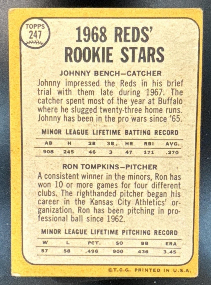 1968 Topps 247 Reds Rookie Stars Johnny Bench Ron Tompkins RC (VG-EX) Cincinnati - Sports Cards