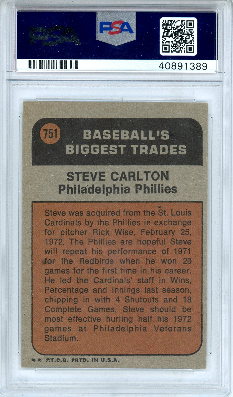 1972 Topps Steve Carlton Traded #751 PSA 5 Philadelphia Phillies - Graded Sports Cards