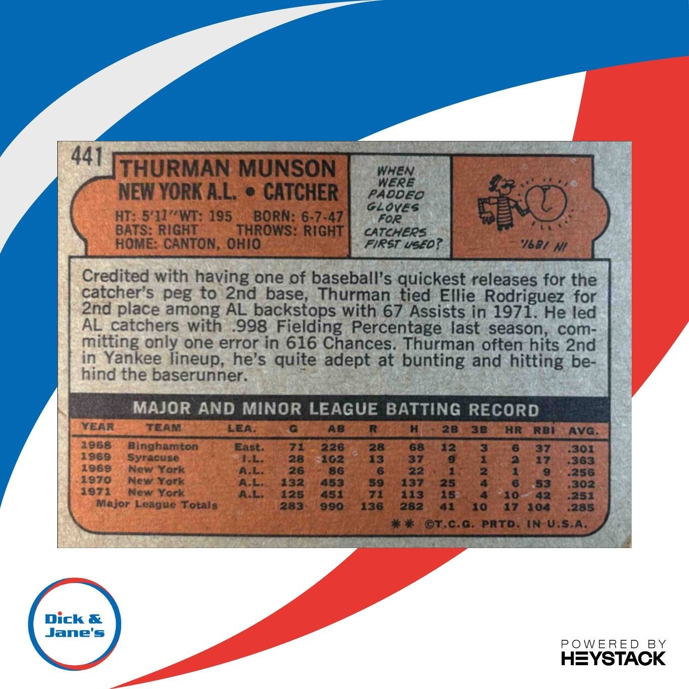 1972 Topps Thurman Munson Check Condition Corner #441 New York Yankees - Sports Cards