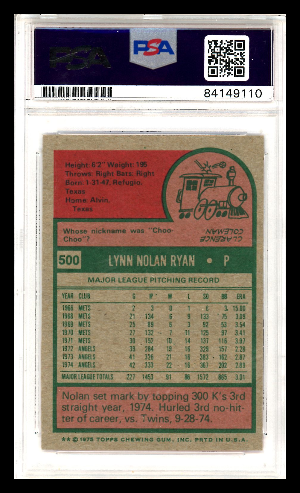 1975 Topps Nolan Ryan INSCRIBED ON CARD AUTO PSA Authentic 10 California Angels - Graded Sports Cards