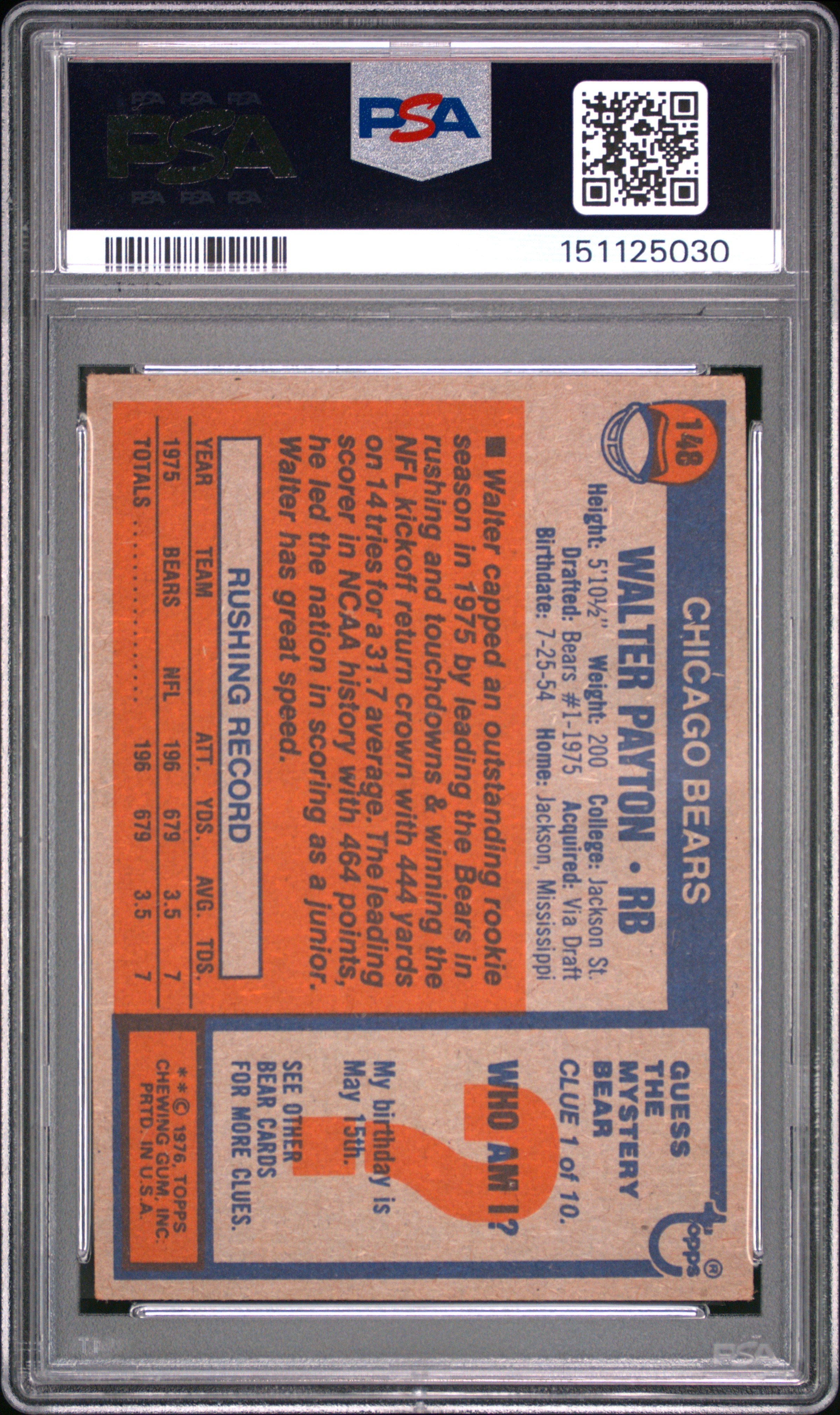 1976 Topps Walter Payton Rookie #148 PSA 4 Chicago Bears - Graded Sports Cards