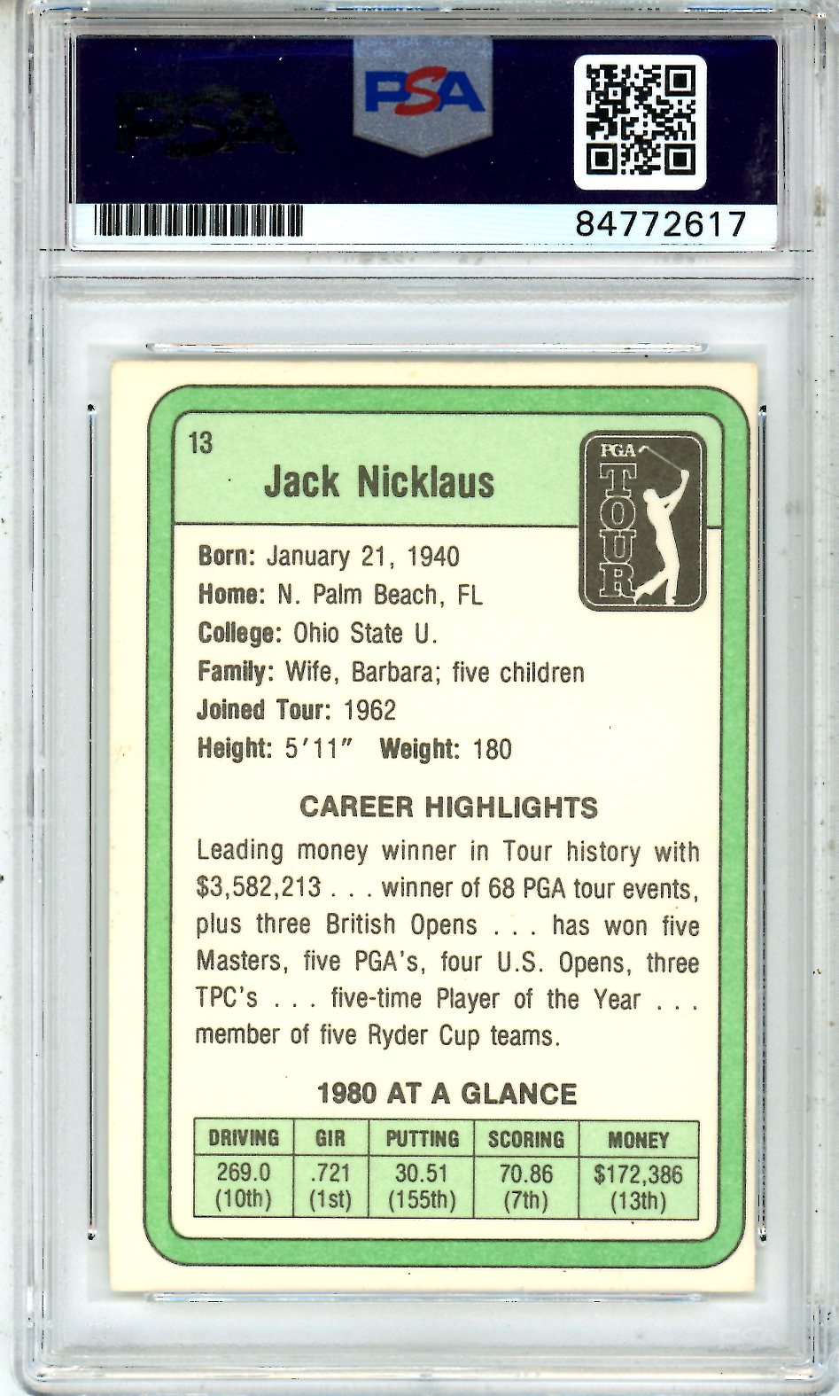 1981 Donruss PGA Tour Golf Jack Nicklaus Rookie #13 PSA On Card GEM MINT Auto 10 - Graded Sports Cards