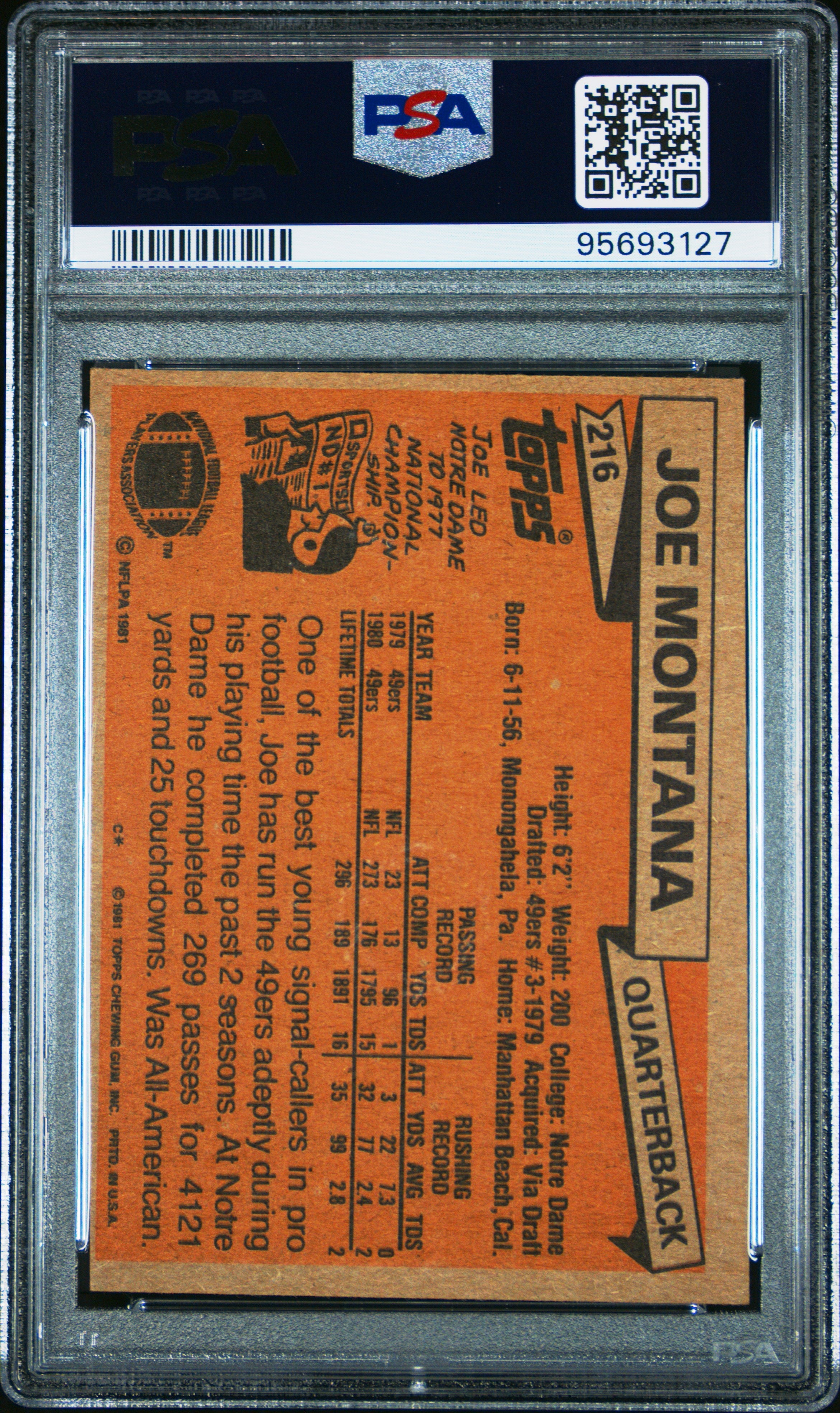 1981 Topps Joe Montana Rookie #216 PSA 6 San Francisco 49ers - Graded Sports Cards