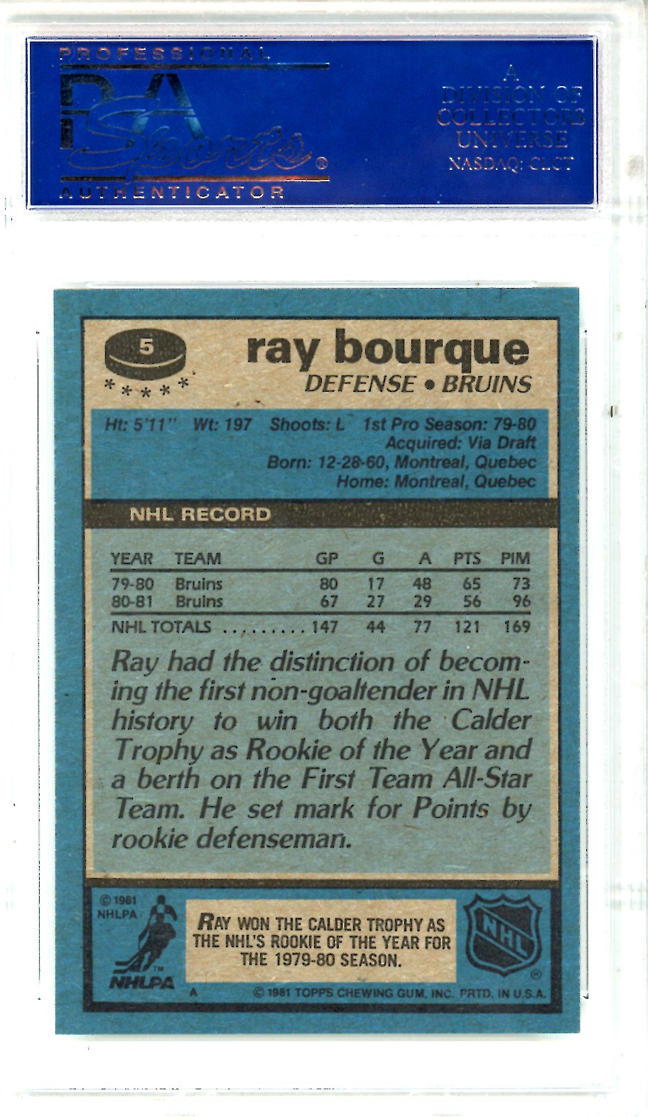 1981 Topps Ray Bourque #5 PSA 9 MINT Boston Bruins - Graded Sports Cards