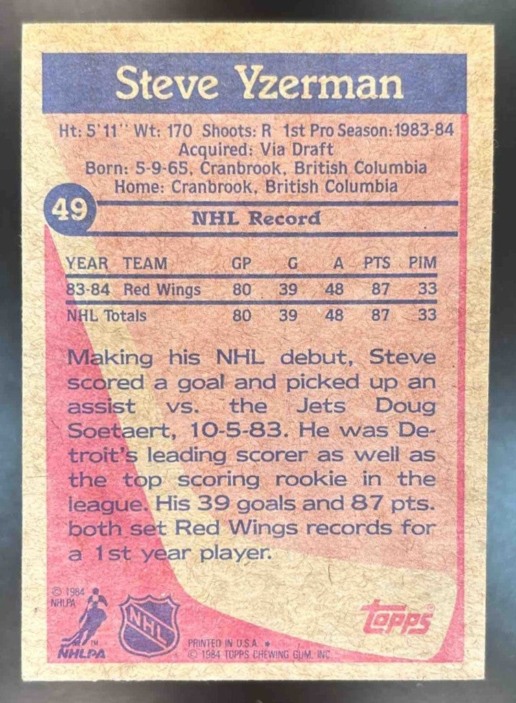 1984-85 Topps Steve Yzerman #49 RC Detroit Red Wings - Sports Cards