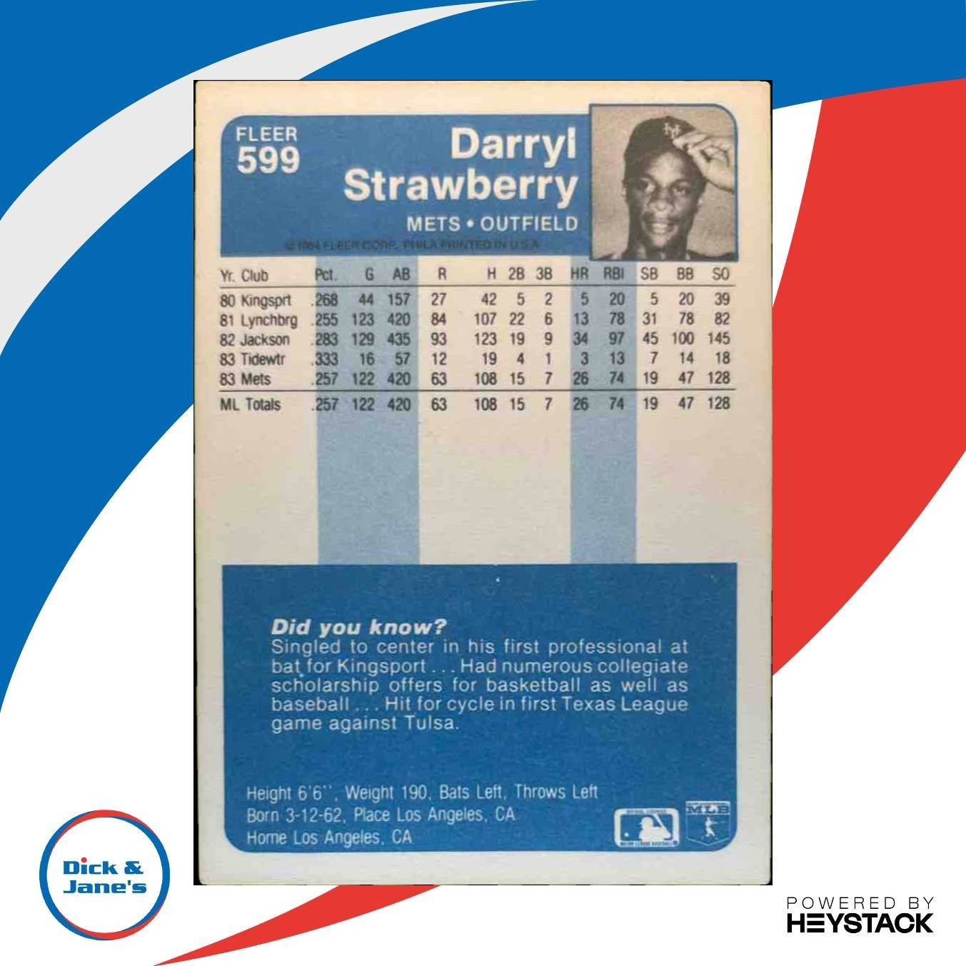 1984 Fleer Darryl Strawberry #599 RC New York Mets - Sports Cards