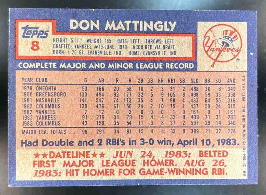 1984 Topps Don Mattingly #8 RC New York Yankees - Sports Cards
