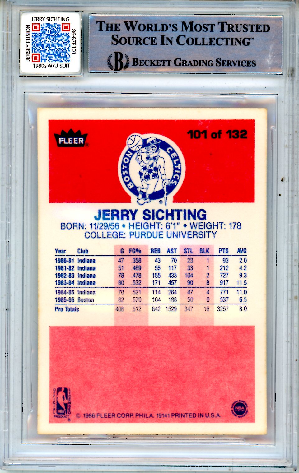 1986 Fleer Jerry Sichting Signature #101 BGS Authentic Auto 9 Boston Celtics - Graded Sports Cards