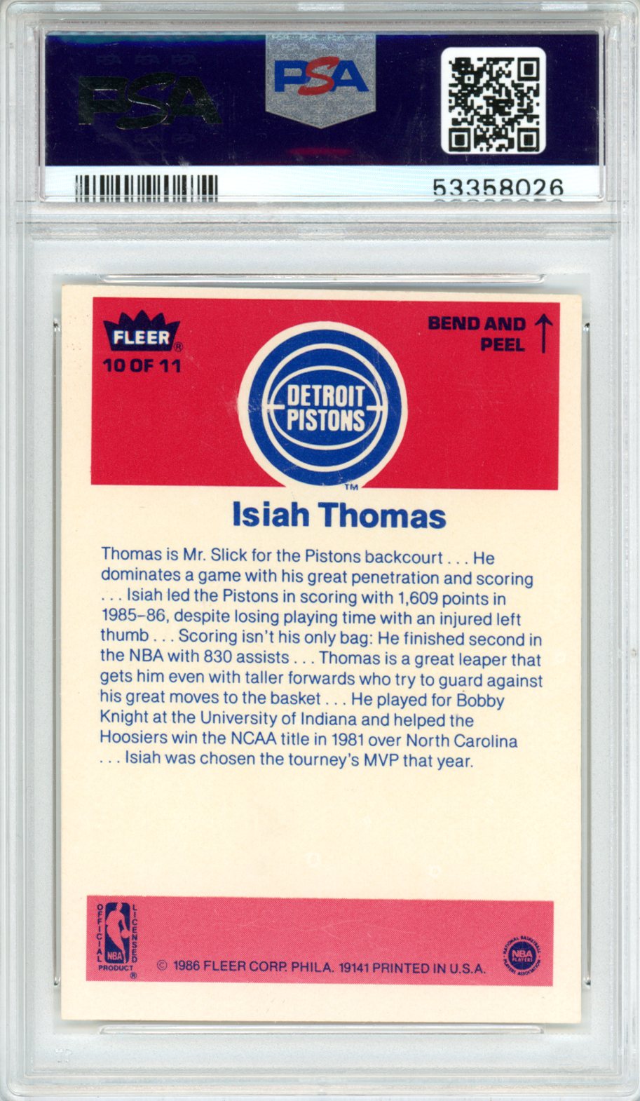 1986 Fleer Sticker Isiah Thomas #10 PSA - Graded Sports Cards