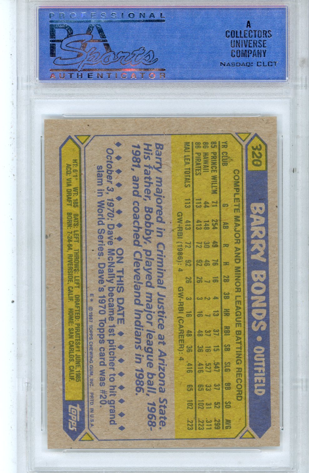 1987 Topps Barry Bonds Rookie #320 PSA 9 (OC) Pittsburgh Pirates - Graded Sports Cards