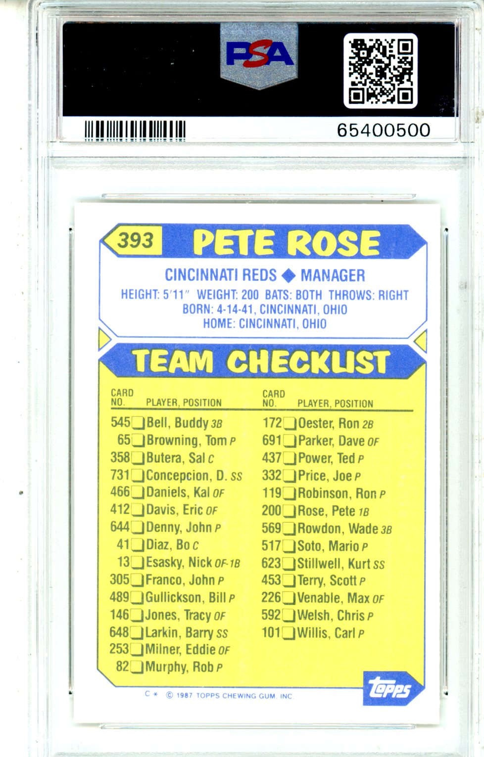 1987 Topps Tiffany Pete Rose #393 PSA 9 MINT Cincinnati Reds - Graded Sports Cards