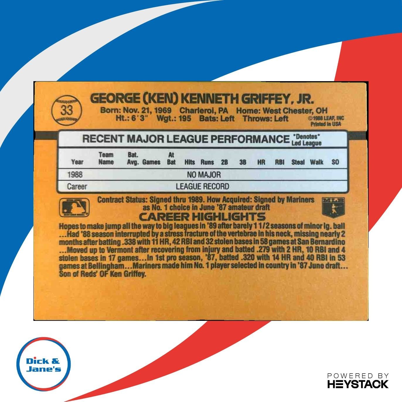 1989 Donruss Ken Griffey Jr. #33 RC Rated Rookie Seattle Mariners - Sports Cards